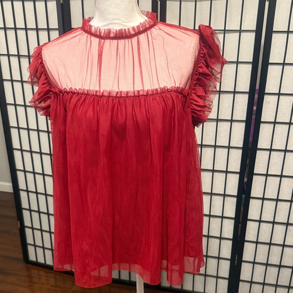 Chic Red Ruffle Sleeve Blouse - Picture 3 of 6